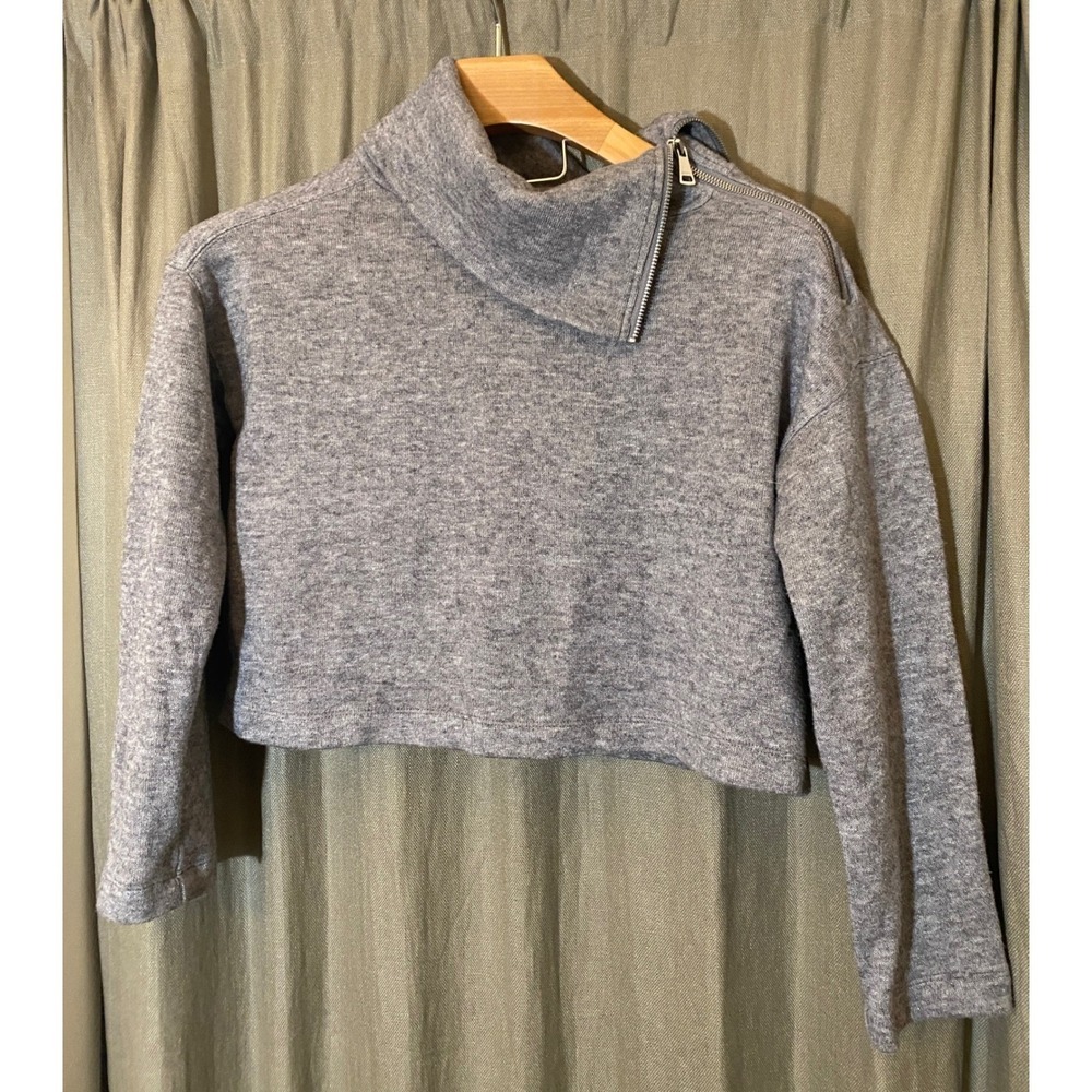 DKNY Women Grey Cropped‎ Funnel Neck Zip Sweatshirt Top Size Medium
